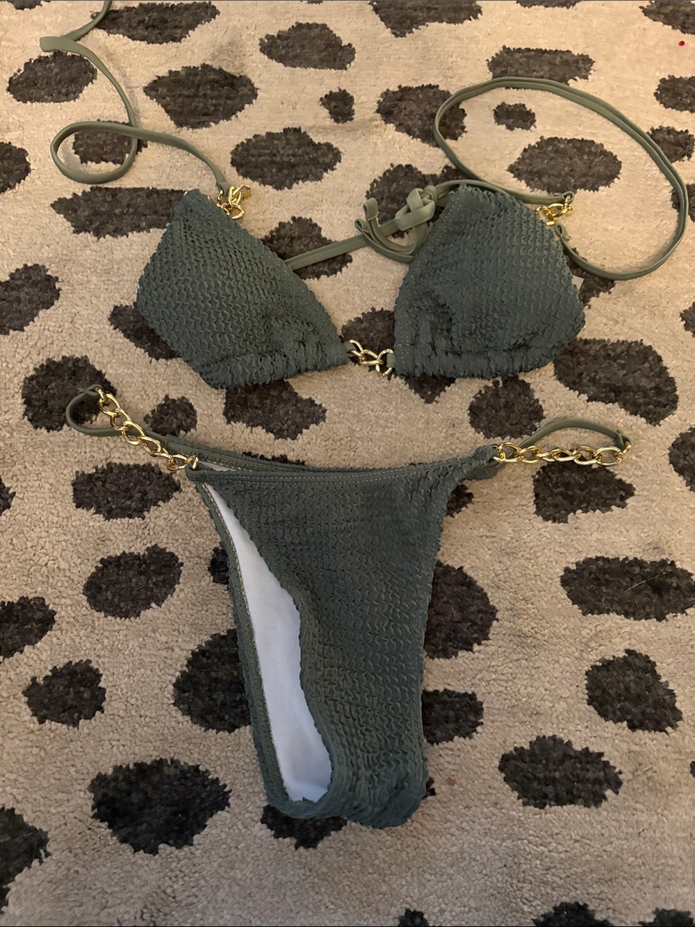 Olive Green Textured Chain-Detail Bikini Set